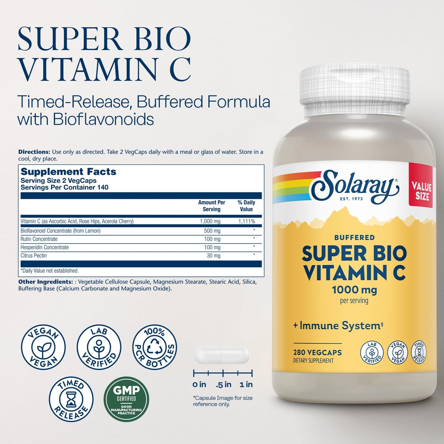 SOLARAY Super Bio Vitamin C 1000mg, Buffered, Two-Stage Timed Release with Bioflavonoids, Immune Support Supplement, High Absorption, Vegan, 60-Day Guarantee – 250 VegCaps - PrimeBioHealth - canada supplements