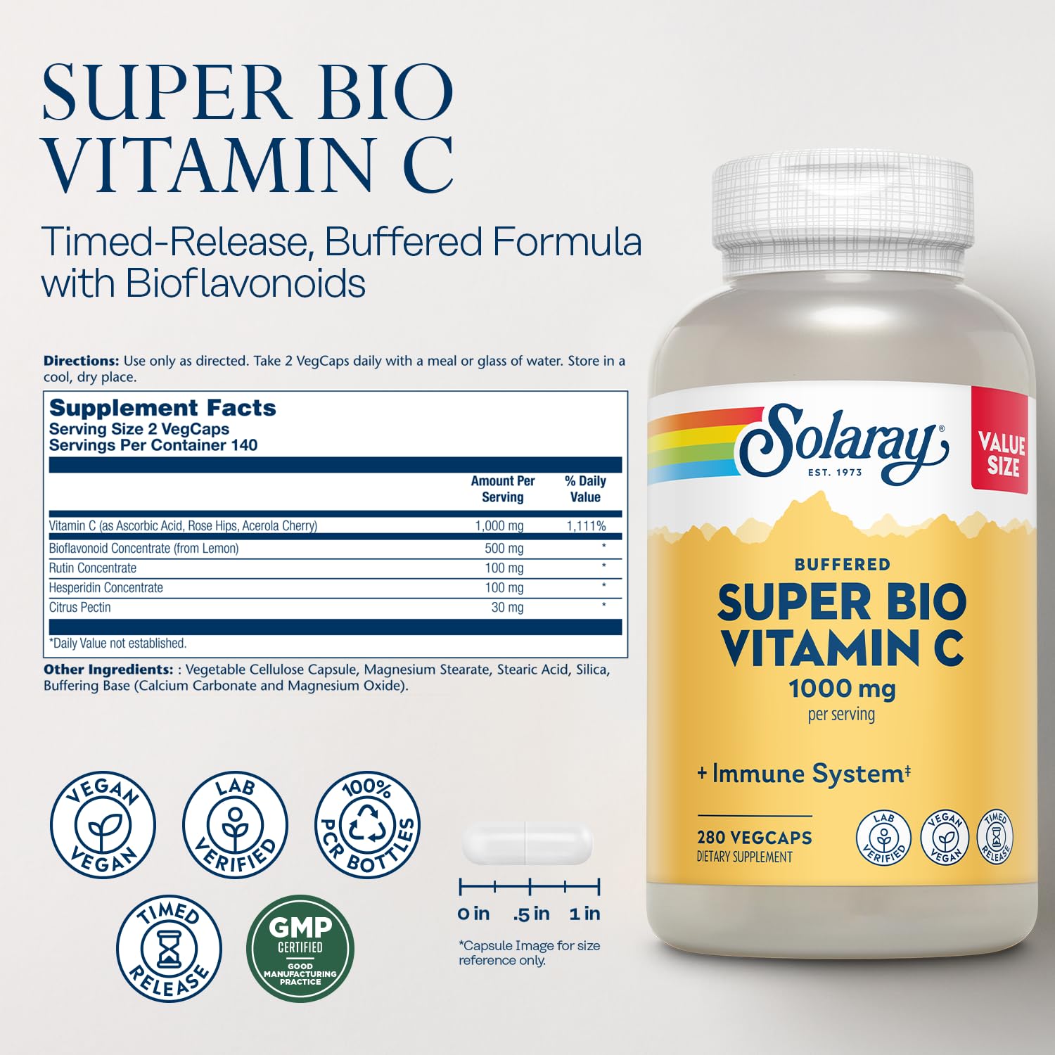 SOLARAY Super Bio Vitamin C 1000mg, Buffered, Two-Stage Timed Release with Bioflavonoids, Immune Support Supplement, High Absorption, Vegan, 60-Day Guarantee – 250 VegCaps - PrimeBioHealth - canada supplements