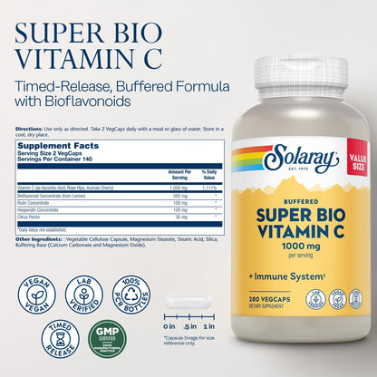 SOLARAY Super Bio Vitamin C 1000mg, Buffered, Two-Stage Timed Release with Bioflavonoids, Immune Support Supplement, High Absorption, Vegan, 60-Day Guarantee – 250 VegCaps - PrimeBioHealth - canada supplements