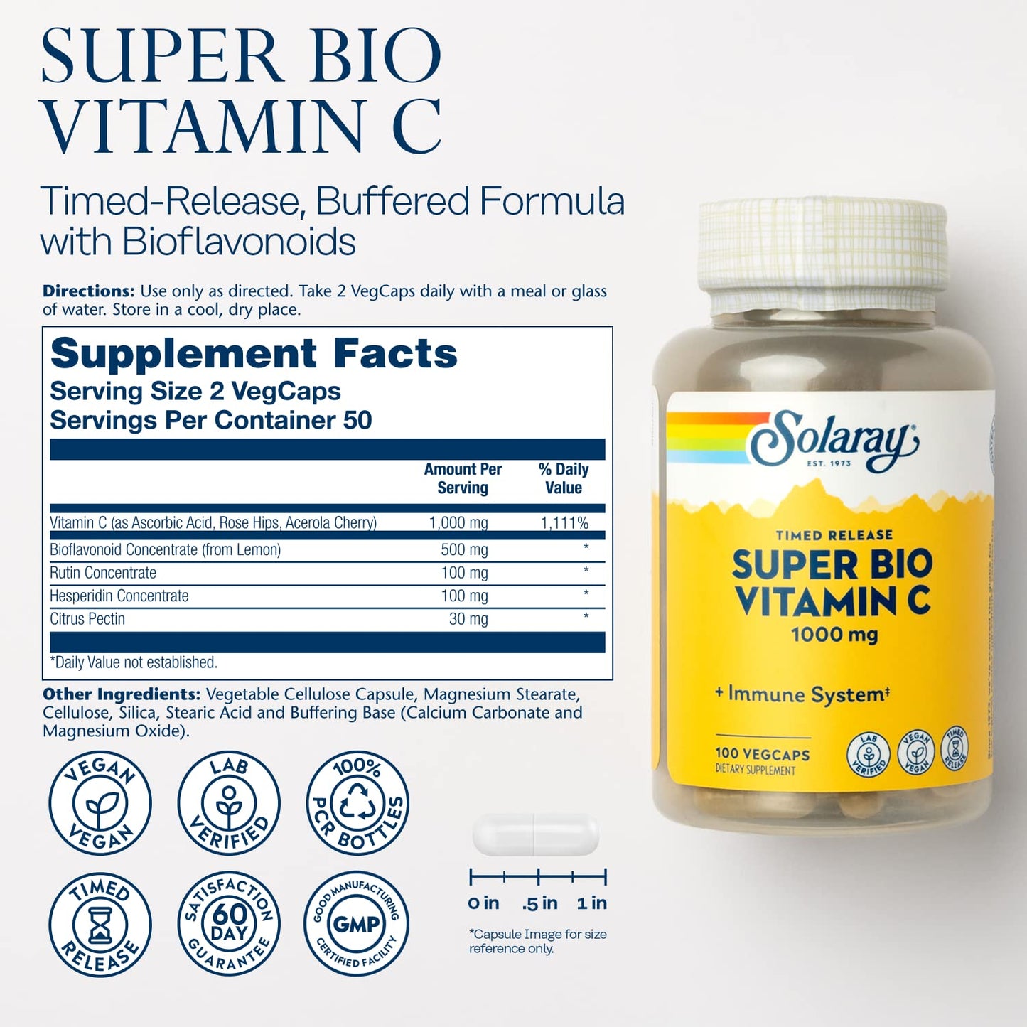 SOLARAY Super Bio Vitamin C 1000mg, Buffered, Two-Stage Timed Release with Bioflavonoids, Immune Support Supplement, High Absorption, Vegan, 60-Day Guarantee – 250 VegCaps - PrimeBioHealth - canada supplements