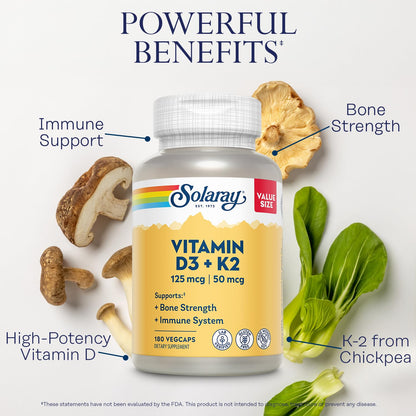 SOLARAY Vitamin D3 K2 - Bone Health and Immune Support Supplement - With 5000 IU Vitamin D as Vit D3 and 50 mcg Vitamin K2 as Menoquinone MK7, Made Without Soy, 60-Day Guarantee, 120 Serv, 120 VegCaps - PrimeBioHealth - canada supplements