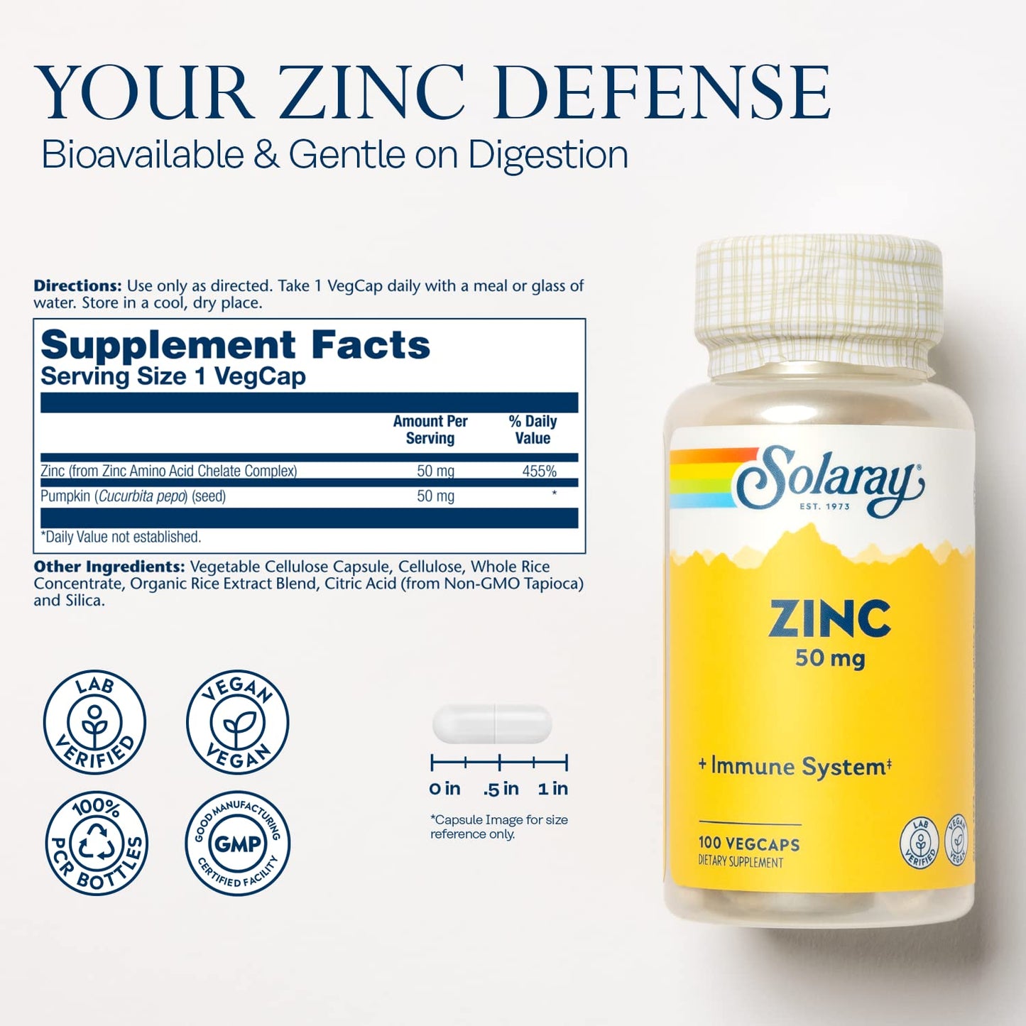 Solaray Zinc 50mg Immune Support Capsules, 100 Count, Vegan, Pumpkin Seed - PrimeBioHealth - canada supplements