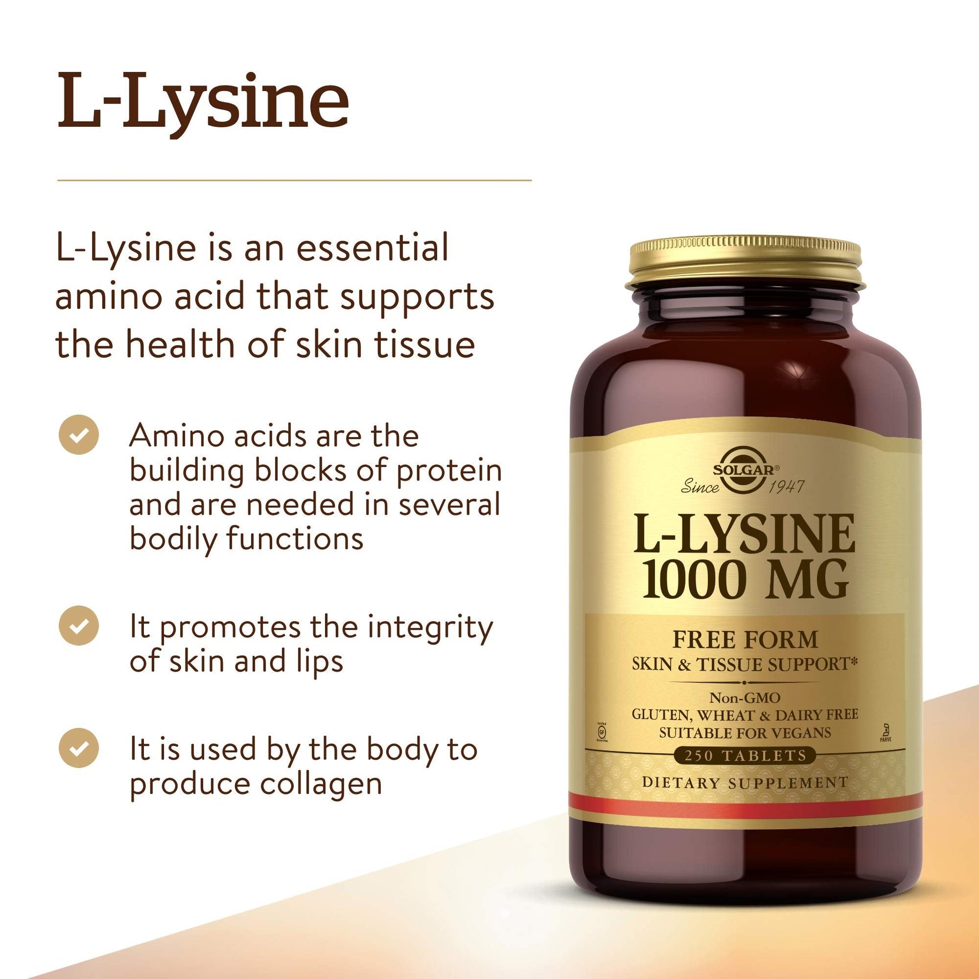 Solgar L-Lysine 1000 mg, 250 Tablets - Enhanced Absorption and Assimilation - Promotes Integrity of Skin and Lips - Collagen Support - Amino Acids - PrimeBioHealth - canada supplements