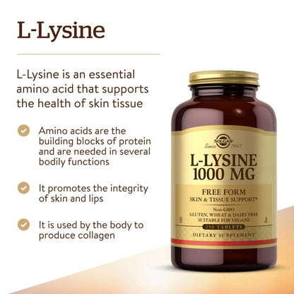 Solgar L-Lysine 1000 mg, 250 Tablets - Enhanced Absorption and Assimilation - Promotes Integrity of Skin and Lips - Collagen Support - Amino Acids - PrimeBioHealth - canada supplements