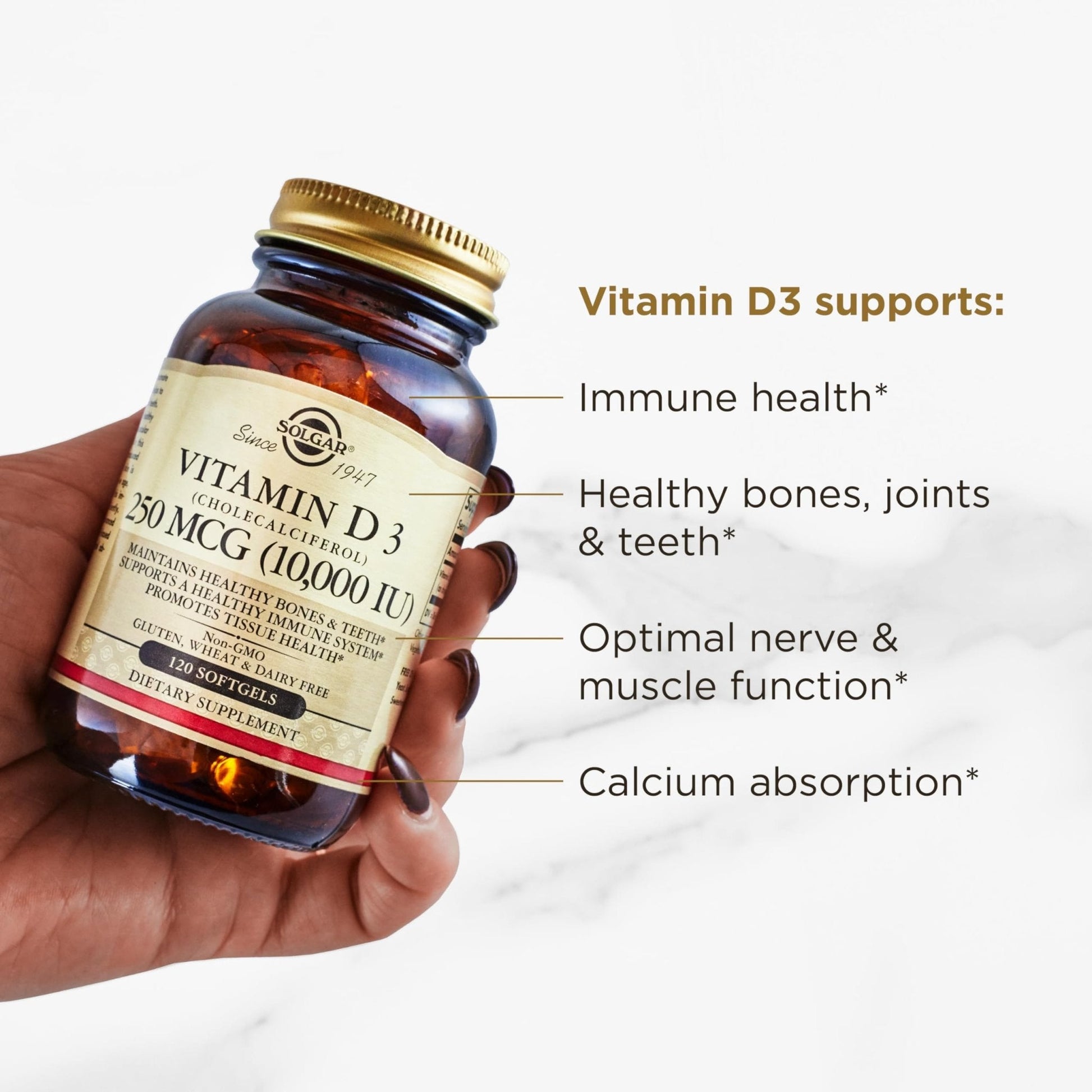 Solgar Vitamin D3 (Cholecalciferol) 250 MCG (10,000 IU), 120 Softgels - Helps Maintain Healthy Bones & Teeth - Immune System Support - PrimeBioHealth - canada supplements