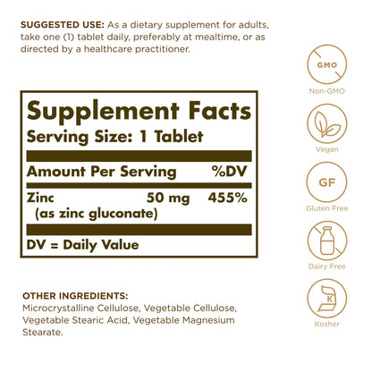 Solgar Zinc 50 mg, 100 Tablets - Zinc for Healthy Skin, Taste & Vision - Immune System & Antioxidant Support - Supports Cell Growth & DNA Formation - PrimeBioHealth - canada supplements
