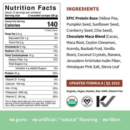 Sprout Living Epic Protein, Plant Based Protein & Superfoods Powder, Chocolate Maca Powder | 20 Grams Organic Protein Powder, Vegan, Non Dairy, Non-GMO, Gluten Free - PrimeBioHealth - canada supplements