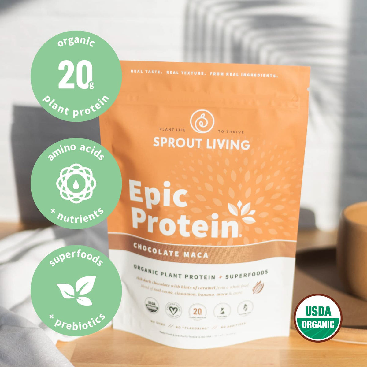 Sprout Living Epic Protein, Plant Based Protein & Superfoods Powder, Chocolate Maca Powder | 20 Grams Organic Protein Powder, Vegan, Non Dairy, Non-GMO, Gluten Free - PrimeBioHealth - canada supplements