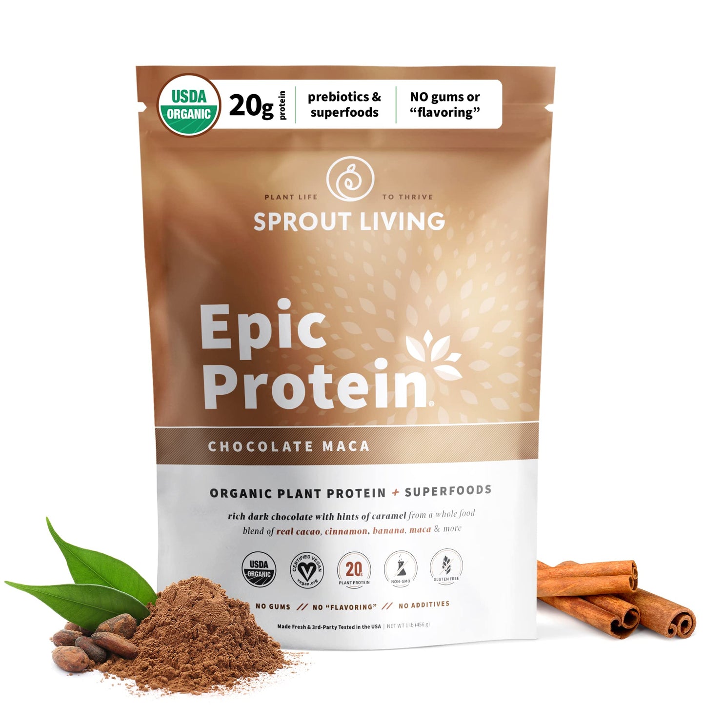 Sprout Living Epic Protein, Plant Based Protein & Superfoods Powder, Chocolate Maca Powder | 20 Grams Organic Protein Powder, Vegan, Non Dairy, Non-GMO, Gluten Free - PrimeBioHealth - canada supplements
