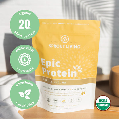 Sprout Living Epic Protein, Plant Based Protein & Superfoods Powder, Vanilla Lucuma Powder | 20 Grams Organic Protein Powder, Vegan, Non Dairy, Non-GMO, Gluten Free, Low Sugar (1 Pound, 12 Servings) - PrimeBioHealth - canada supplements