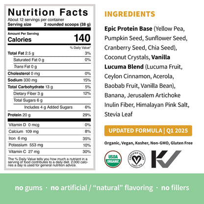 Sprout Living Epic Protein, Plant Based Protein & Superfoods Powder, Vanilla Lucuma Powder | 20 Grams Organic Protein Powder, Vegan, Non Dairy, Non-GMO, Gluten Free, Low Sugar (1 Pound, 12 Servings) - PrimeBioHealth - canada supplements
