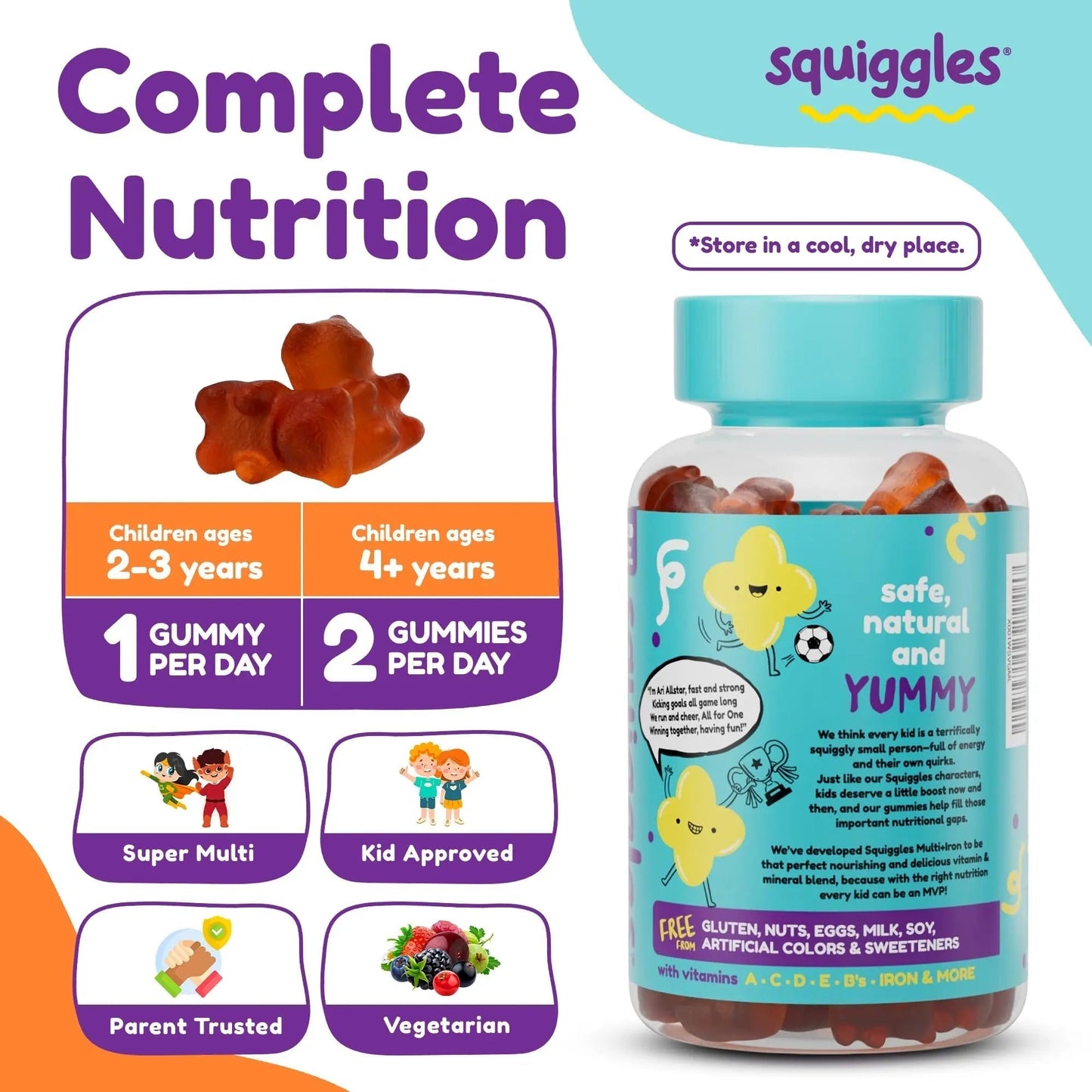 Squiggles Kids Multivitamin + Iron Gummies - Low Sugar Gummy Vitamins with Iron Supplements for Kids - PrimeBioHealth - canada supplements