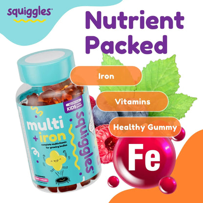 Squiggles Kids Multivitamin + Iron Gummies - Low Sugar Gummy Vitamins with Iron Supplements for Kids - PrimeBioHealth - canada supplements