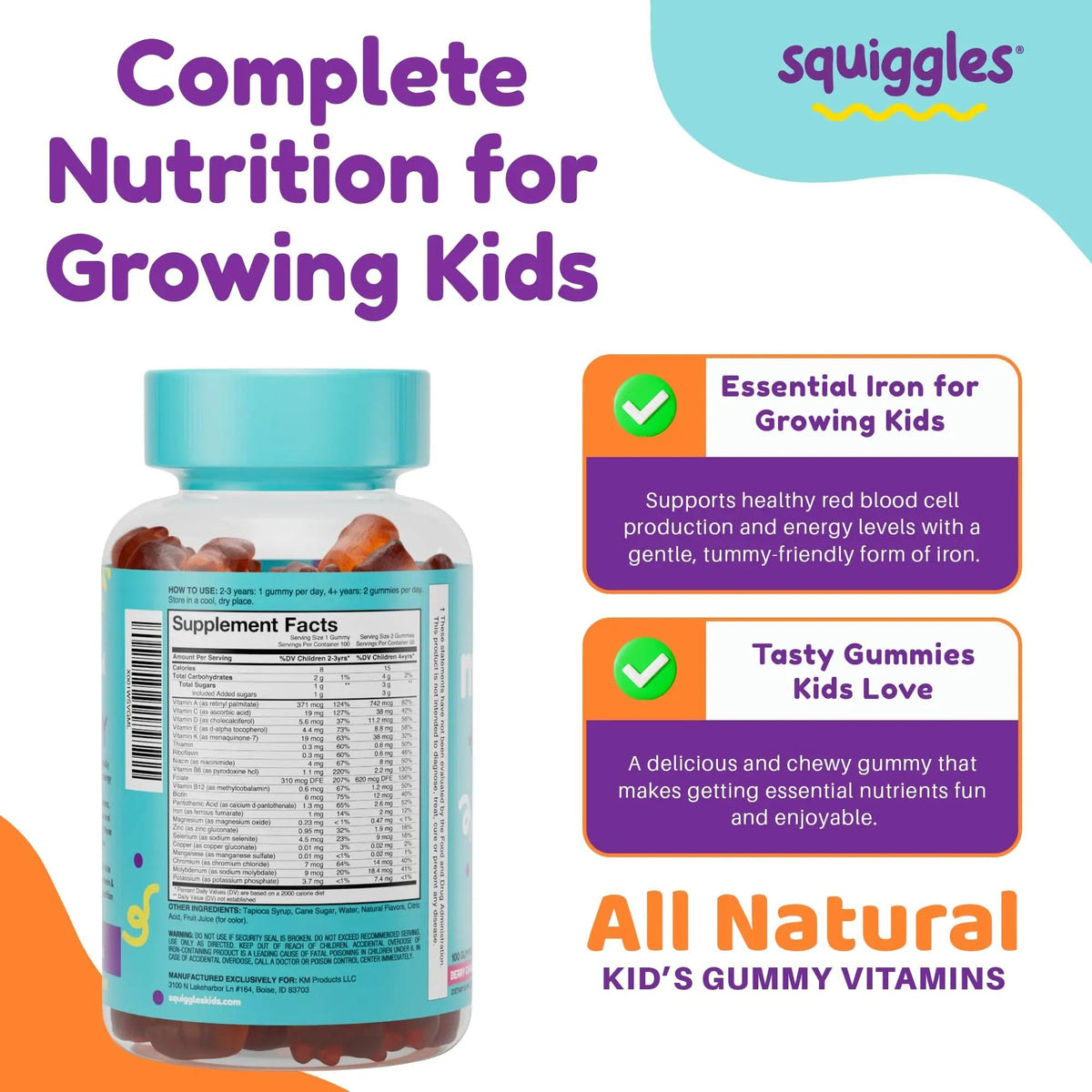 Squiggles Kids Multivitamin + Iron Gummies - Low Sugar Gummy Vitamins with Iron Supplements for Kids - PrimeBioHealth - canada supplements