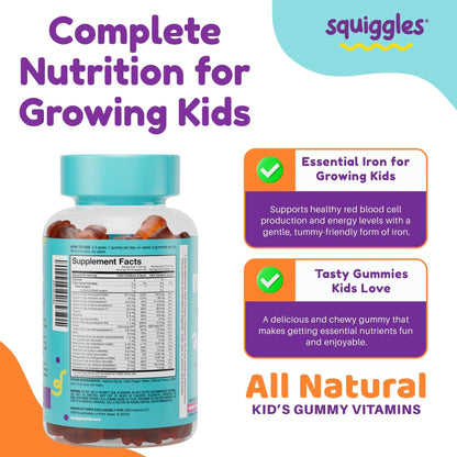 Squiggles Kids Multivitamin + Iron Gummies - Low Sugar Gummy Vitamins with Iron Supplements for Kids - PrimeBioHealth - canada supplements