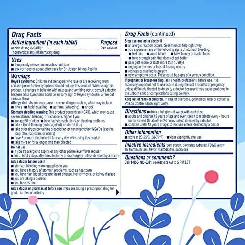 St. Joseph Aspirin Pain Reliever (NSAID) 81mg, Chewable Orange Tablets Adult Low Dose Regimen , 108 ct (3 x 36 ct Tablets per Bottle) - PrimeBioHealth - canada supplements