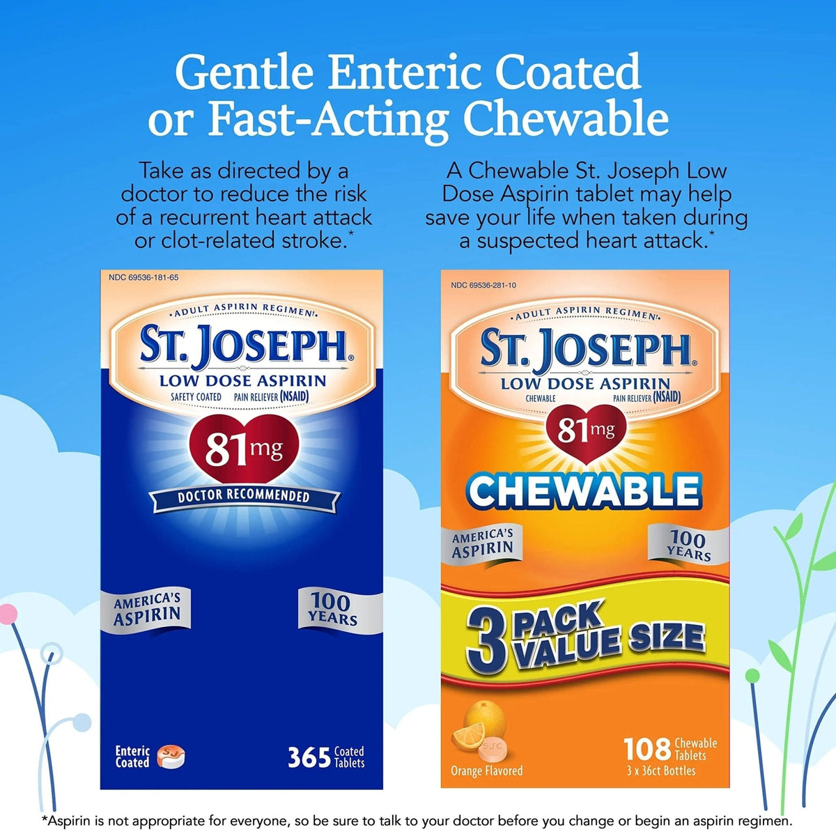 St. Joseph Aspirin Pain Reliever (NSAID) 81mg, Enteric Safety Coated, Adult Low Dose Aspirin, 365 ct - PrimeBioHealth - canada supplements