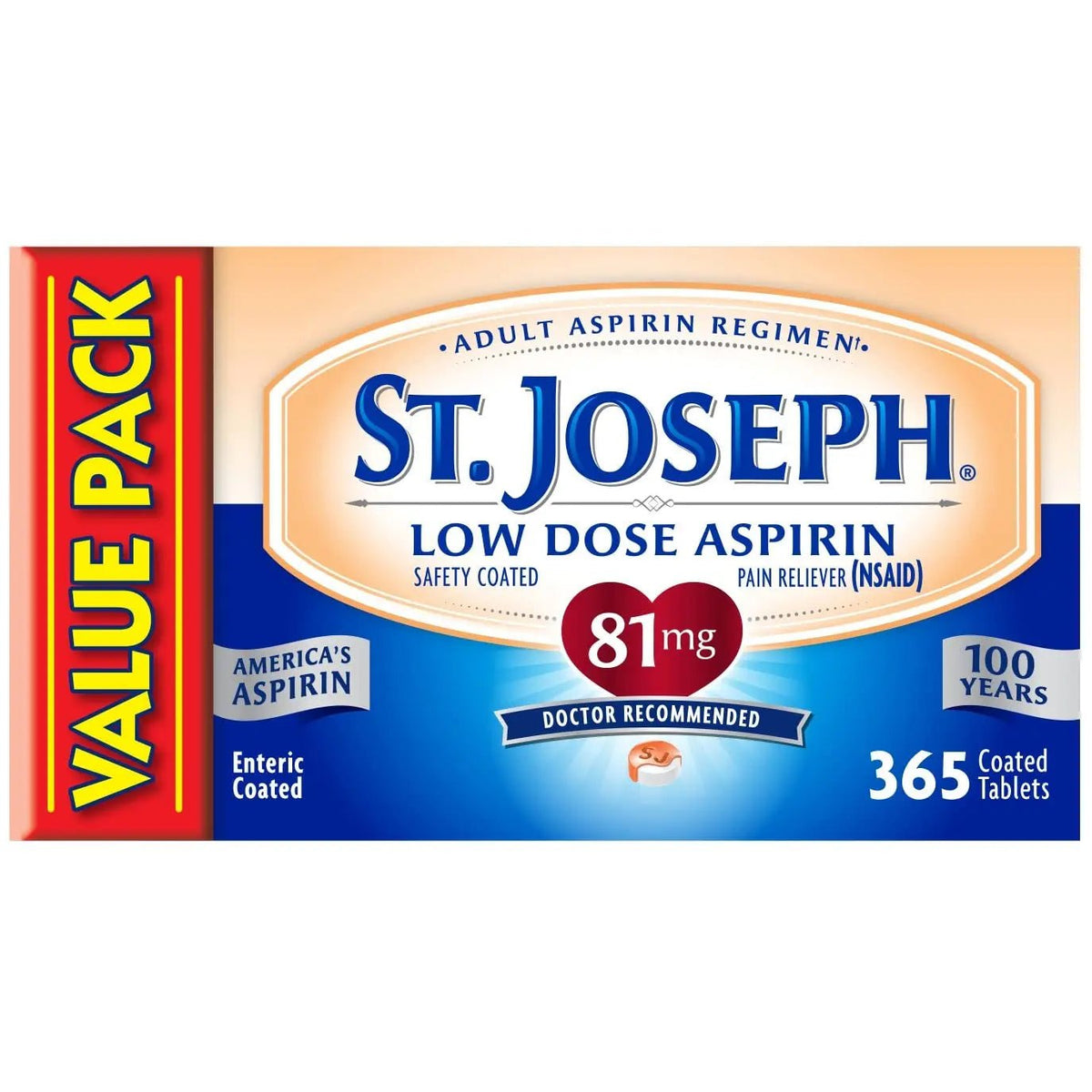St. Joseph Aspirin Pain Reliever (NSAID) 81mg, Enteric Safety Coated, Adult Low Dose Aspirin, 365 ct - PrimeBioHealth - canada supplements