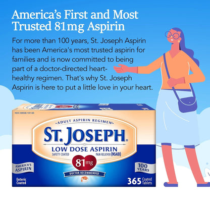 St. Joseph Aspirin Pain Reliever (NSAID) 81mg, Enteric Safety Coated, Adult Low Dose Aspirin, 365 ct - PrimeBioHealth - canada supplements