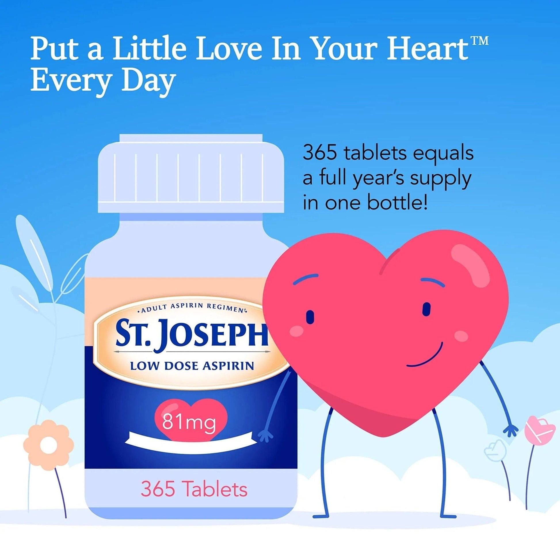 St. Joseph Aspirin Pain Reliever (NSAID) 81mg, Enteric Safety Coated, Adult Low Dose Aspirin, 365 ct - PrimeBioHealth - canada supplements