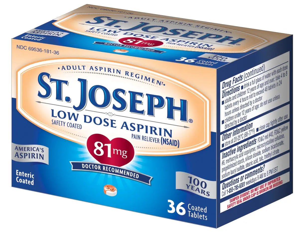 St. Joseph Aspirin Pain Reliever (NSAID) 81mg, Enteric Safety Coated, Adult Low Dose Regimen, 36 ct - PrimeBioHealth - canada supplements