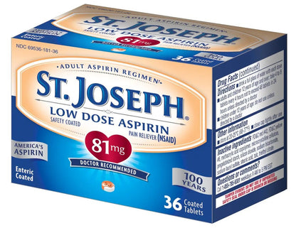 St. Joseph Aspirin Pain Reliever (NSAID) 81mg, Enteric Safety Coated, Adult Low Dose Regimen, 36 ct - PrimeBioHealth - canada supplements