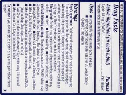 St. Joseph Aspirin Pain Reliever (NSAID) 81mg, Enteric Safety Coated, Adult Low Dose Regimen, 36 ct - PrimeBioHealth - canada supplements