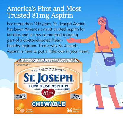St. Joseph Orange Chewable 81mg Aspirin, 36 Tablets (Pack of 3) - PrimeBioHealth - canada supplements