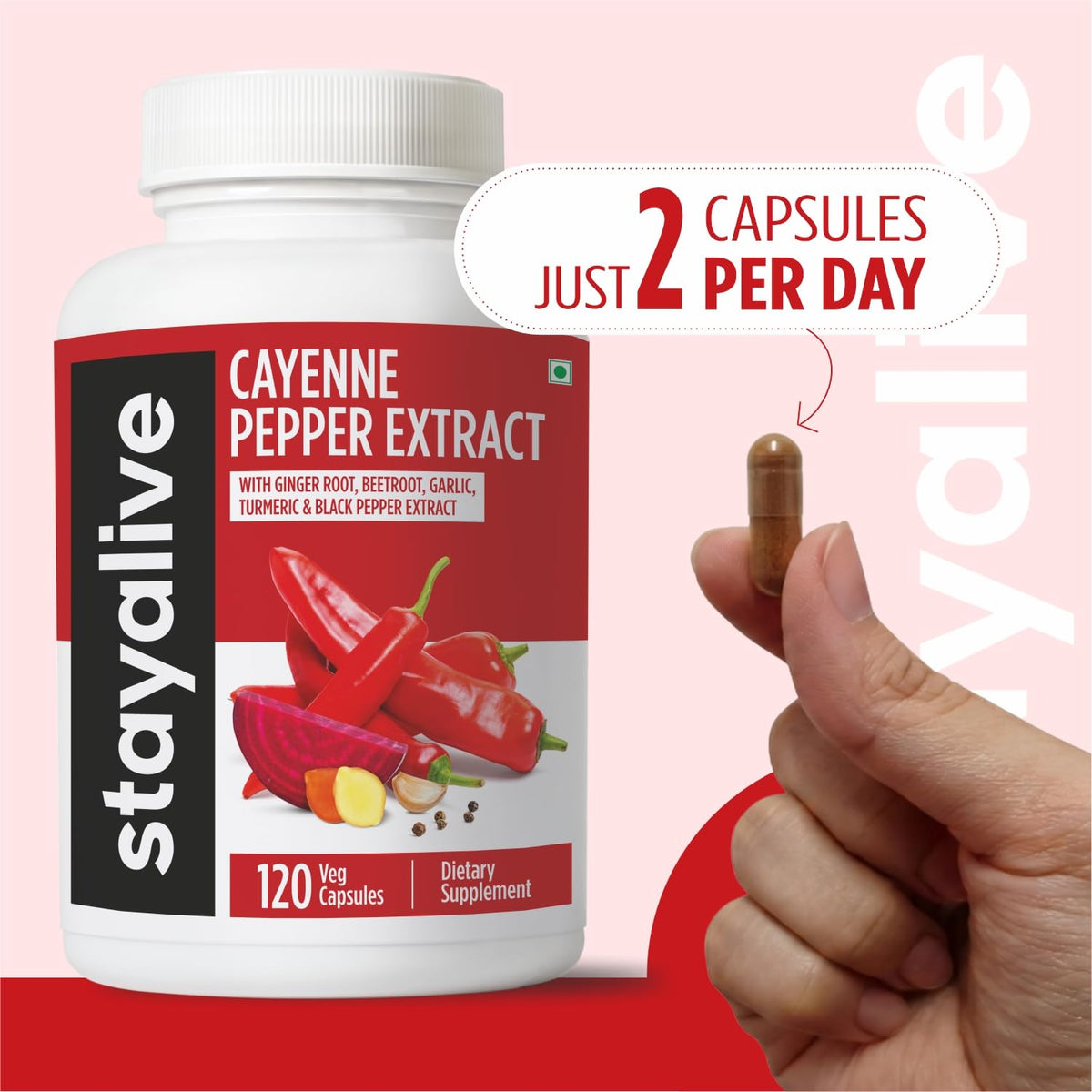 STAY ALIVE Cayenne Pepper Capsules, 6-in-1 Capsicum Blend w/Ginger, Garlic, Turmeric, Beet Root, and Black Pepper Extract, 120 Cayenne Capsules, - PrimeBioHealth - canada supplements