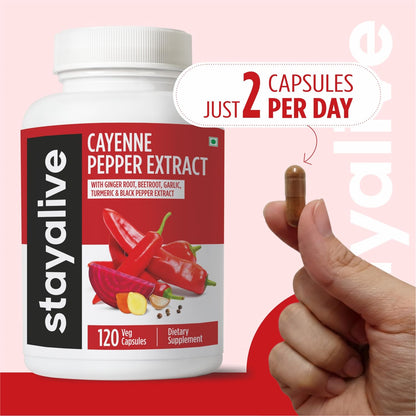 STAY ALIVE Cayenne Pepper Capsules, 6-in-1 Capsicum Blend w/Ginger, Garlic, Turmeric, Beet Root, and Black Pepper Extract, 120 Cayenne Capsules, - PrimeBioHealth - canada supplements