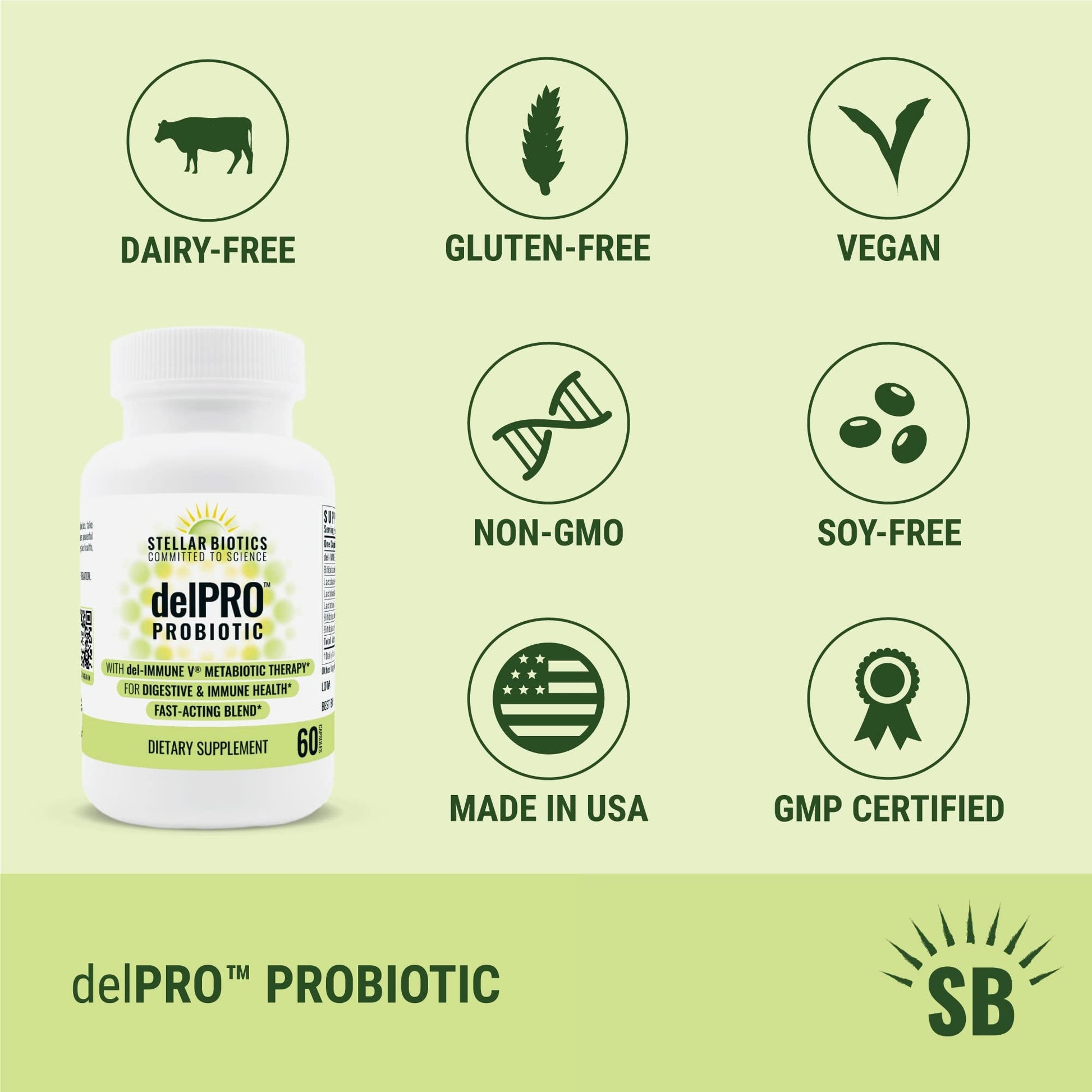 Stellar Biotics - Delpro Probiotic (+ Del-Immune V & Prebiotic Blend) Promotes Optimal Gut Health, Digestion, Immune Support & Mood (60 Capsules) - PrimeBioHealth - canada supplements