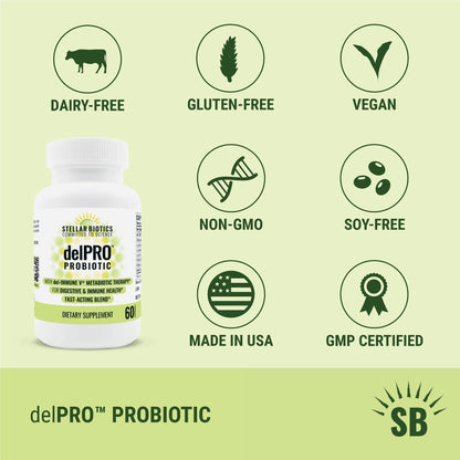 Stellar Biotics - Delpro Probiotic (+ Del-Immune V & Prebiotic Blend) Promotes Optimal Gut Health, Digestion, Immune Support & Mood (60 Capsules) - PrimeBioHealth - canada supplements