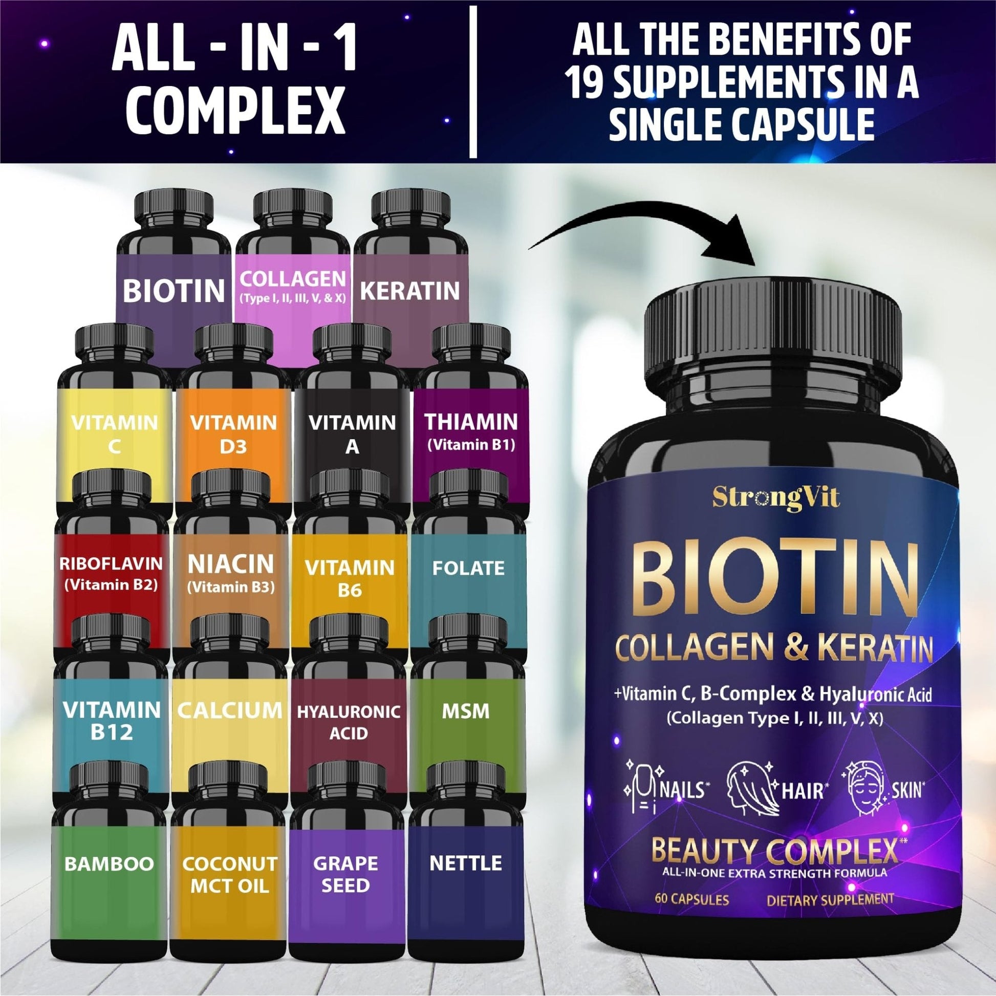 StrongVit Biotin with Hyaluronic Acid, Keratin and Collagen Supplements - 10000mcg for Hair Growth Women and Men - PrimeBioHealth - canada supplements