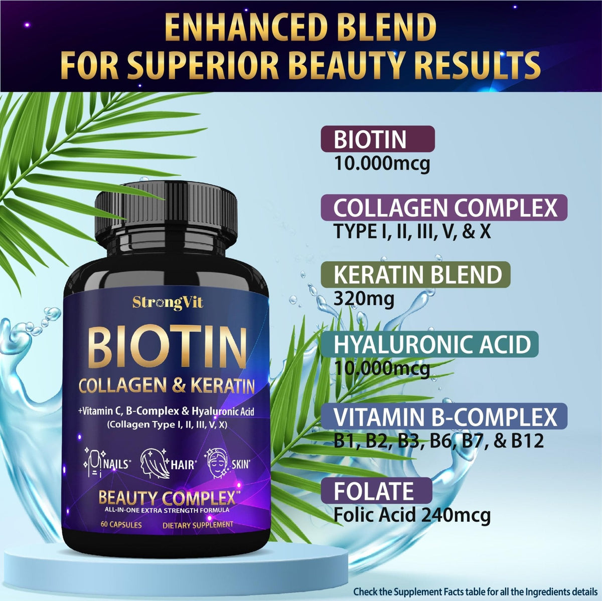 StrongVit Biotin with Hyaluronic Acid, Keratin and Collagen Supplements - 10000mcg for Hair Growth Women and Men - PrimeBioHealth - canada supplements