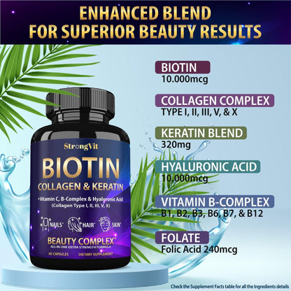 StrongVit Biotin with Hyaluronic Acid, Keratin and Collagen Supplements - 10000mcg for Hair Growth Women and Men - PrimeBioHealth - canada supplements