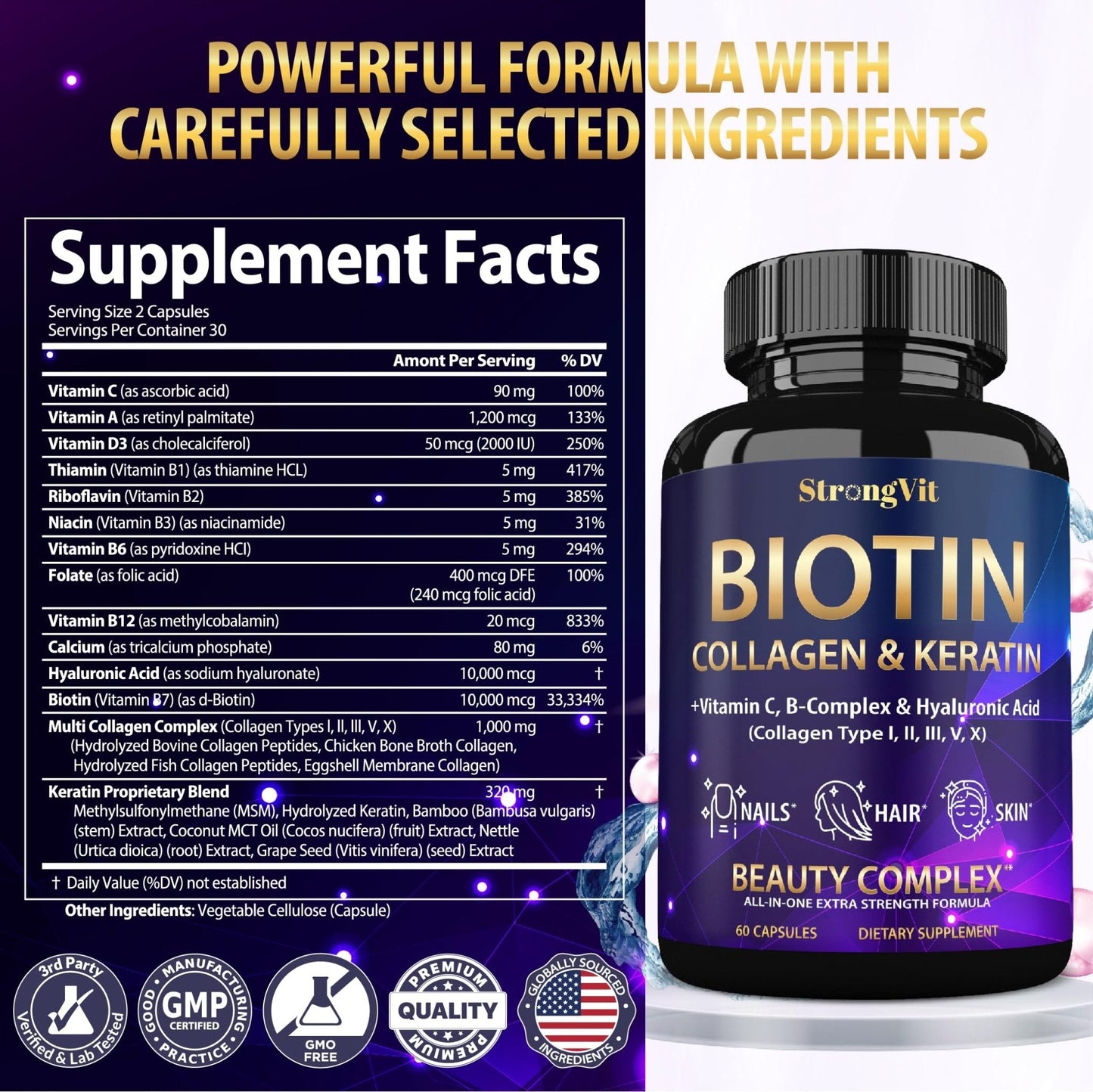 StrongVit Biotin with Hyaluronic Acid, Keratin and Collagen Supplements - 10000mcg for Hair Growth Women and Men - PrimeBioHealth - canada supplements