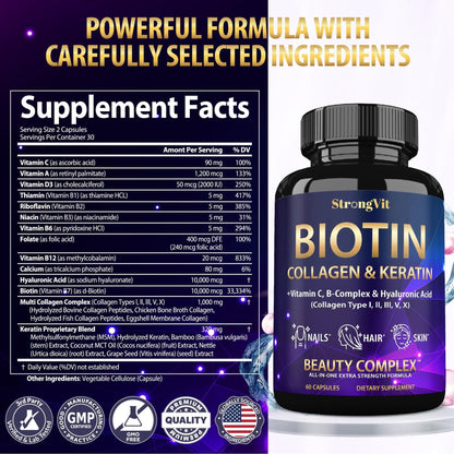 StrongVit Biotin with Hyaluronic Acid, Keratin and Collagen Supplements - 10000mcg for Hair Growth Women and Men - PrimeBioHealth - canada supplements
