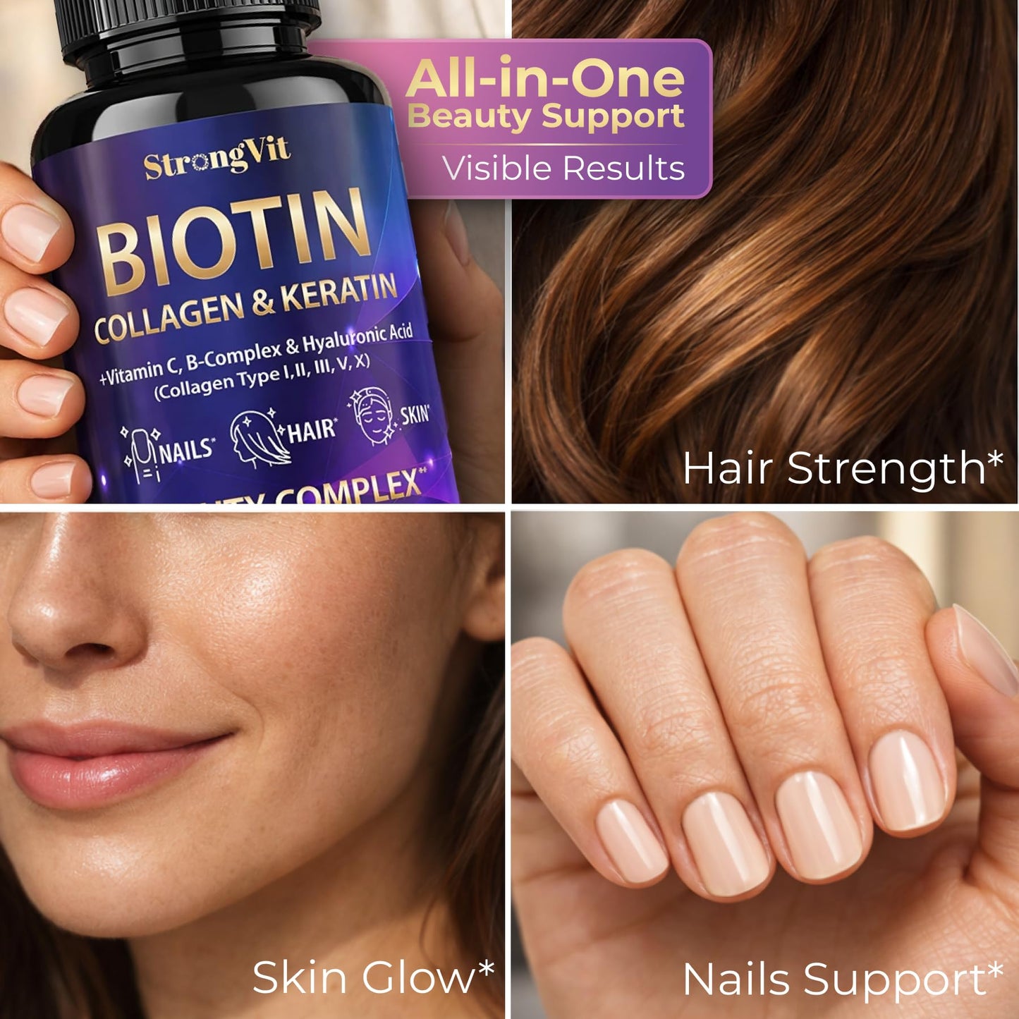 StrongVit Biotin with Hyaluronic Acid, Keratin and Collagen Supplements - 10000mcg for Hair Growth Women and Men - PrimeBioHealth - canada supplements