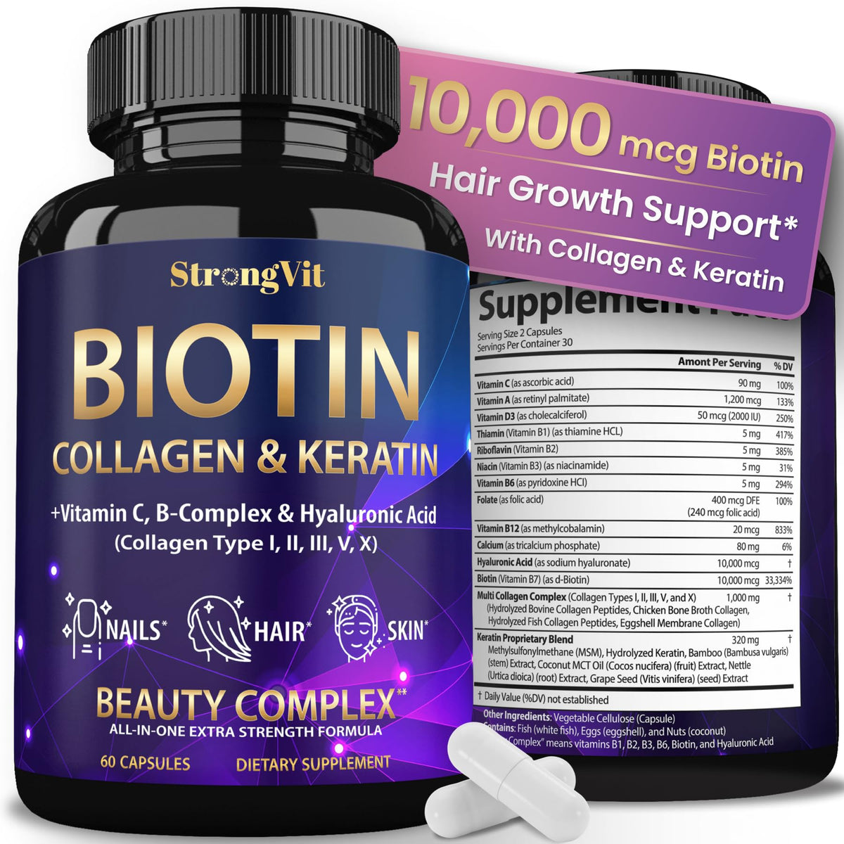 StrongVit Biotin with Hyaluronic Acid, Keratin and Collagen Supplements - 10000mcg for Hair Growth Women and Men - PrimeBioHealth - canada supplements