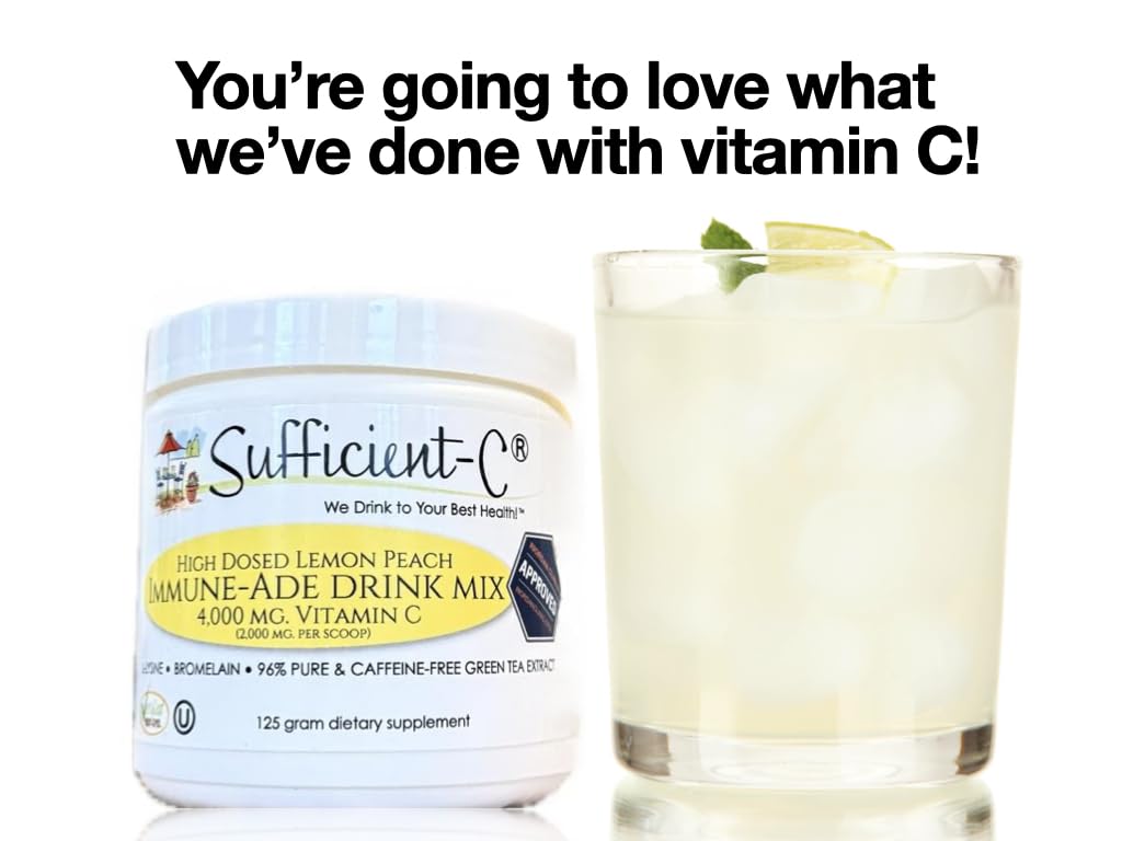 Sufficient-C High Dose Non-GMO Vitamin C Lemon Peach Immune-Ade Drink Mix, Convenient 125 Gram Size w/L-lysine, Bromelain & a Premium 96% Pure Green Tea Extract - PrimeBioHealth - canada supplements