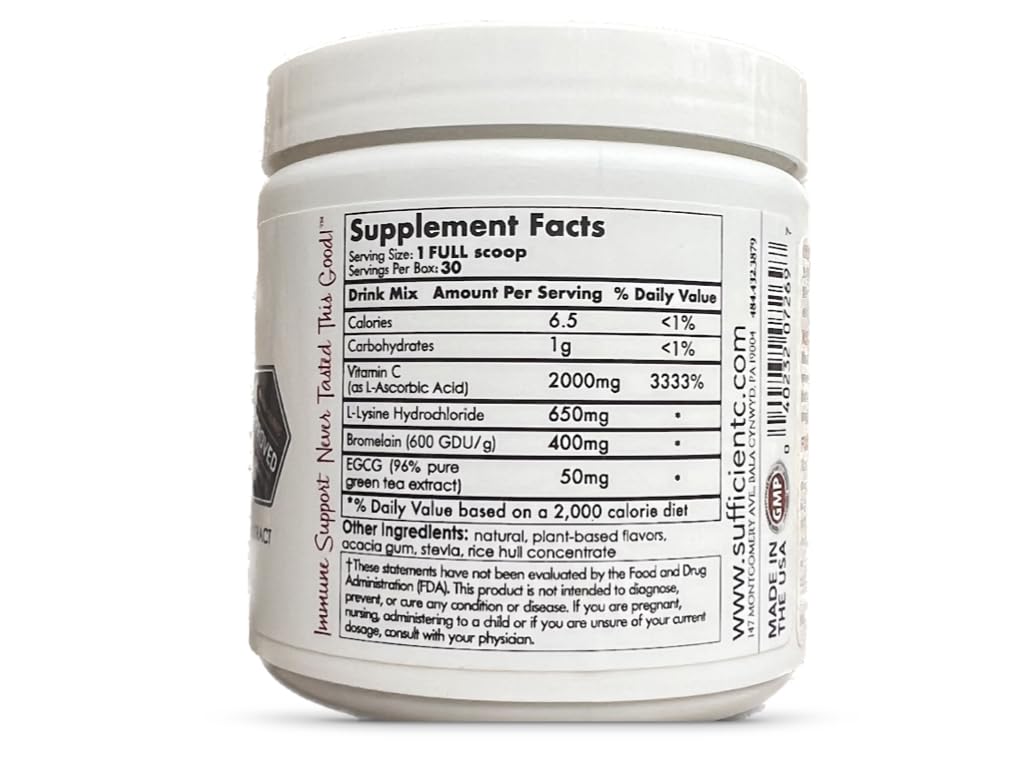 Sufficient-C High Dose Non-GMO Vitamin C Lemon Peach Immune-Ade Drink Mix, Convenient 125 Gram Size w/L-lysine, Bromelain & a Premium 96% Pure Green Tea Extract - PrimeBioHealth - canada supplements