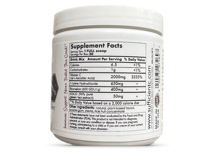 Sufficient-C High Dose Non-GMO Vitamin C Lemon Peach Immune-Ade Drink Mix, Convenient 125 Gram Size w/L-lysine, Bromelain & a Premium 96% Pure Green Tea Extract - PrimeBioHealth - canada supplements