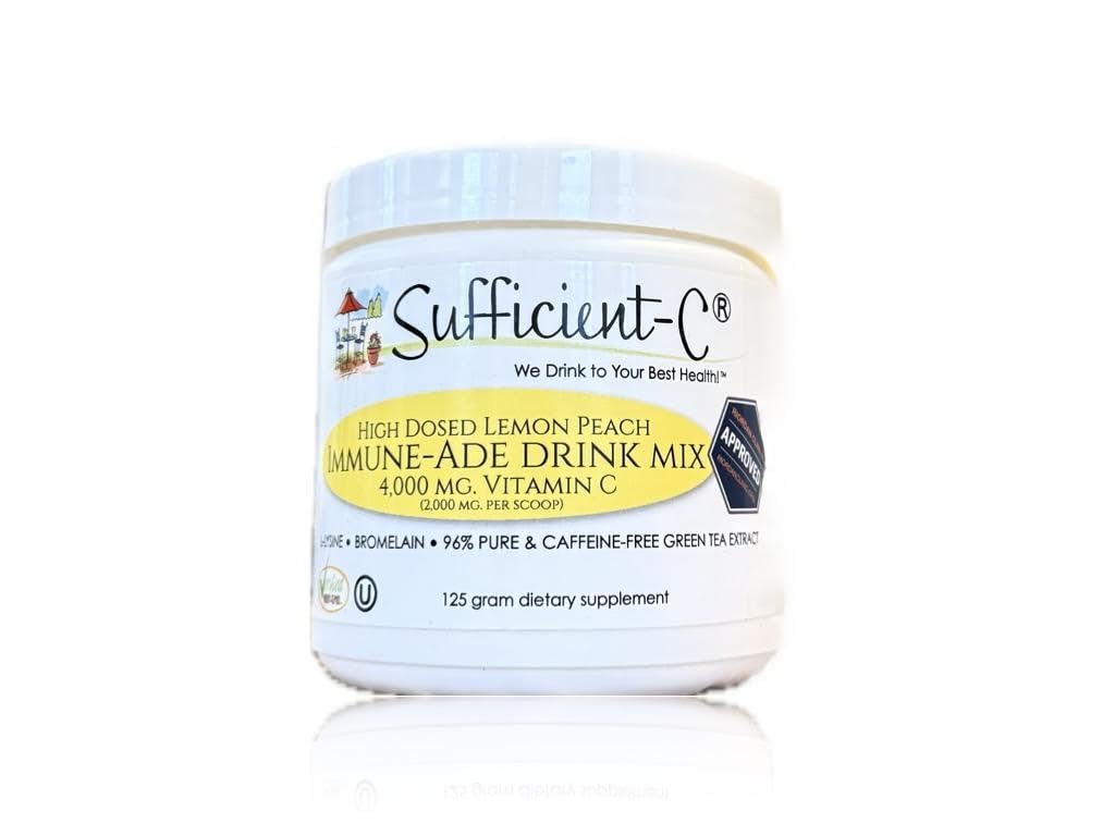 Sufficient-C High Dose Non-GMO Vitamin C Lemon Peach Immune-Ade Drink Mix, Convenient 125 Gram Size w/L-lysine, Bromelain & a Premium 96% Pure Green Tea Extract - PrimeBioHealth - canada supplements