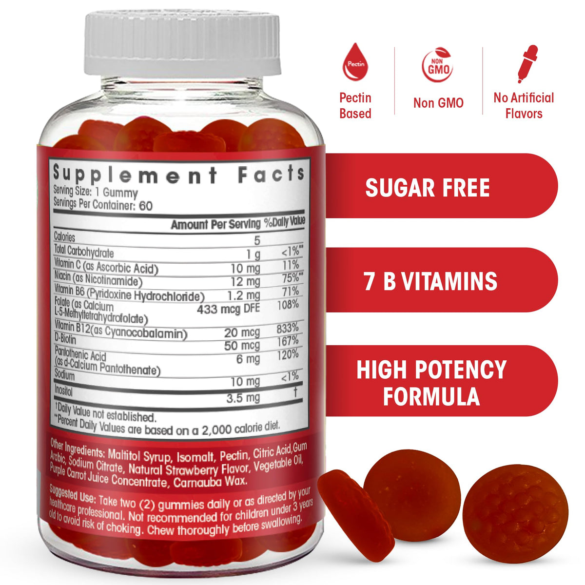 Sugar Free Vitamin B Complex Gummies - Vitamin B12, B7, B6, B3 (Niacin), B5, B8, B9 (Folate)- Third Party Tested- Prenatal, Vegan Diet, Older Adults - PrimeBioHealth - canada supplements
