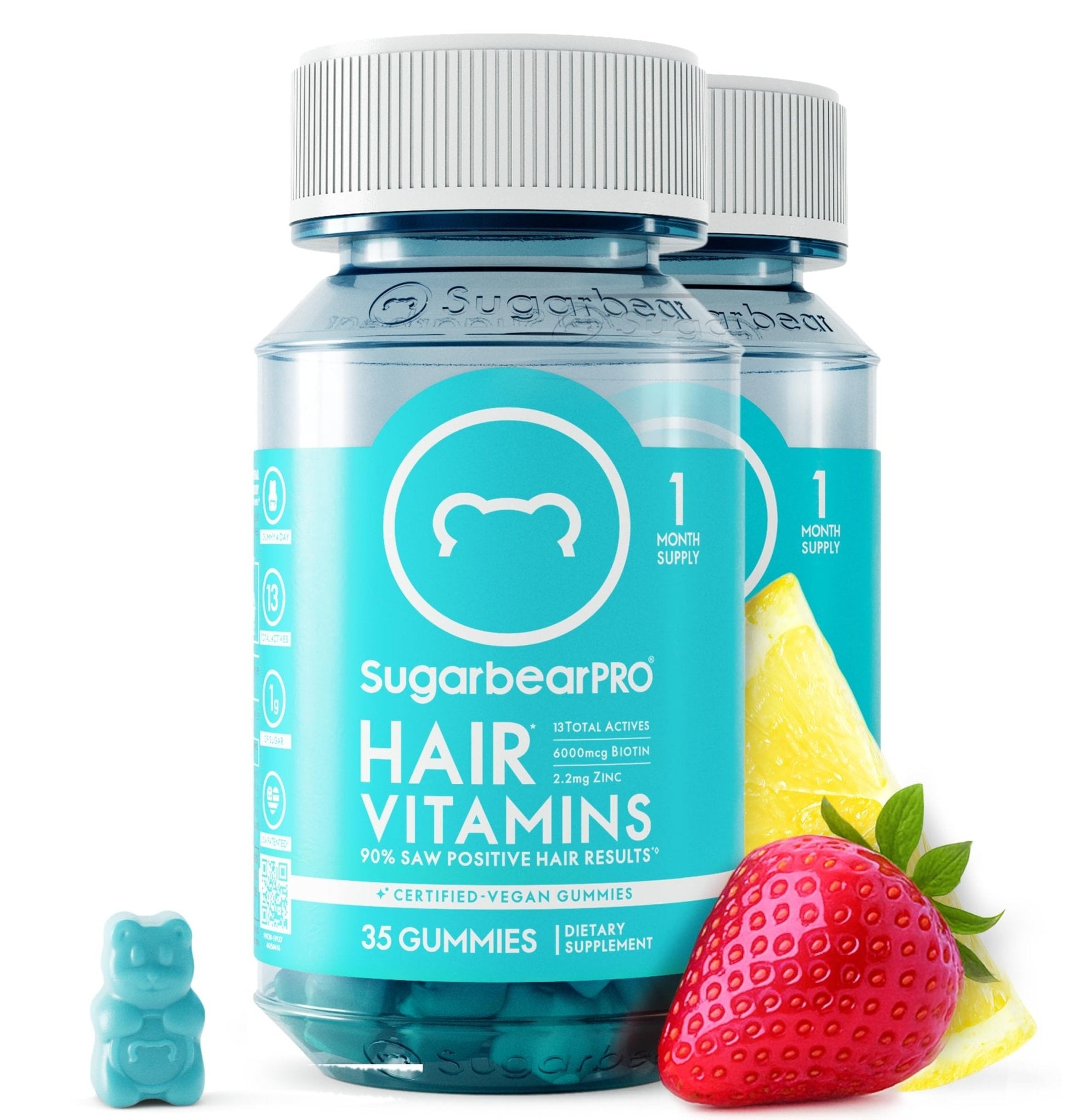 Sugarbear Hair Vitamin Gummy 2 Month Supply Extra Strength Biotin 6000mcg, Growth for Men & Women, Vegan Vitamin B12, MSM, Inositol, Omega 3, Elderberry, Certified Kosher, Halal, Cruelty-Free - PrimeBioHealth - canada supplements