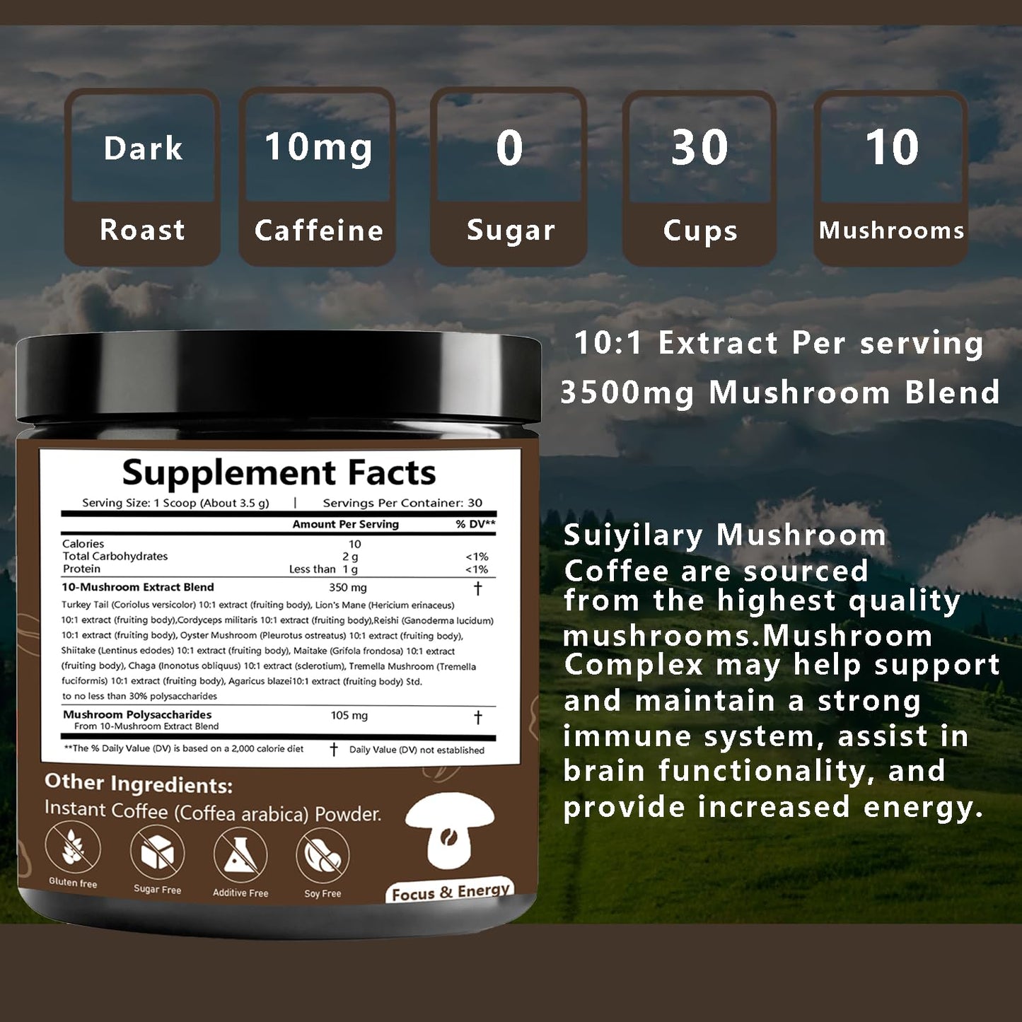 Suiyilary 10 Mushroom Coffee with Arabica w, Lion's Mane, Reishi, Mushroom Polysaccharides & More, Instant Mushrooms Powder for Focus, Immunity Boost, - PrimeBioHealth - canada supplements
