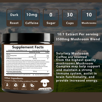 Suiyilary 10 Mushroom Coffee with Arabica w, Lion's Mane, Reishi, Mushroom Polysaccharides & More, Instant Mushrooms Powder for Focus, Immunity Boost, - PrimeBioHealth - canada supplements