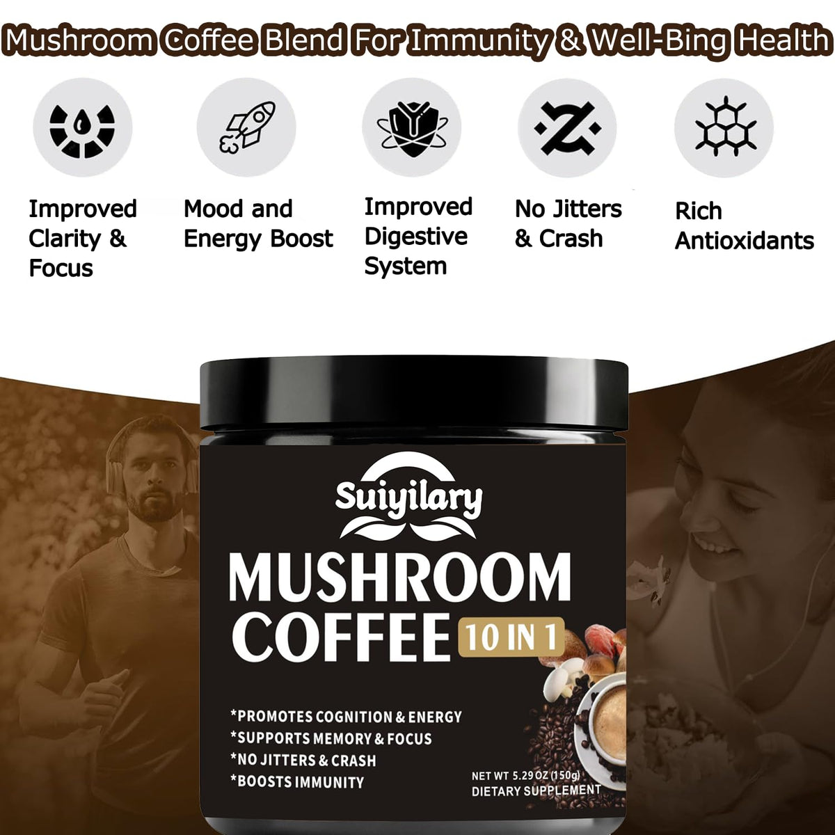 Suiyilary Mushroom Coffee, 10 Mushroom Extract Powder Blend Lion's Mane, Reishi, Chaga - PrimeBioHealth - canada supplements