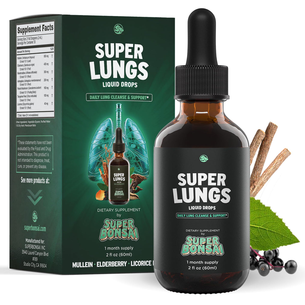 SuperBonsai Super Lungs Mullein Drops – Herbal Lung Support Tincture with Mullein Leaf Extract Elderberry Reishi Marshmallow Root - PrimeBioHealth - canada supplements