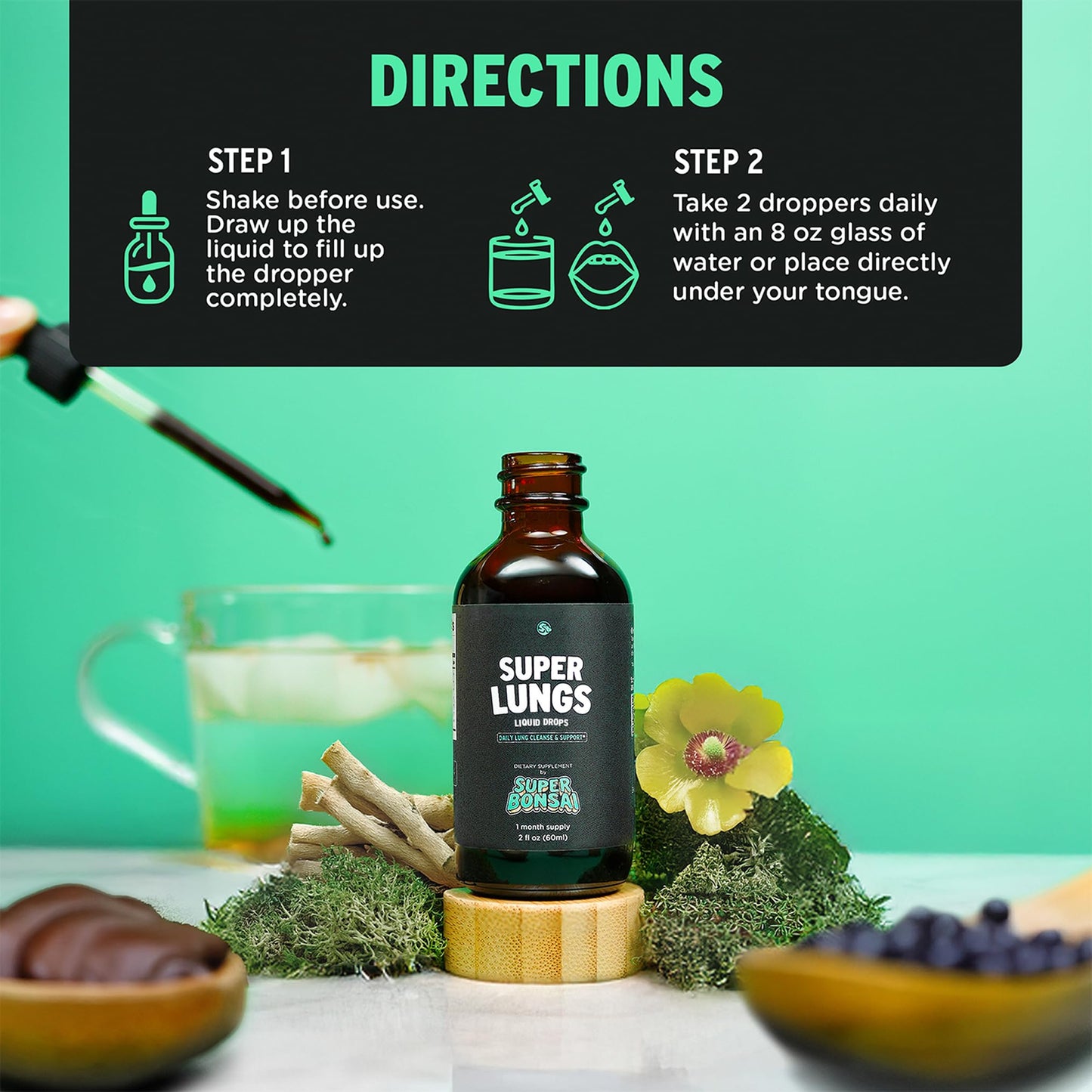 SuperBonsai Super Lungs Mullein Drops – Herbal Lung Support Tincture with Mullein Leaf Extract Elderberry Reishi Marshmallow Root - PrimeBioHealth - canada supplements